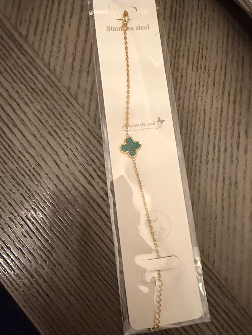 Gold Stainless Steel Bracelet with Green Clover Charm